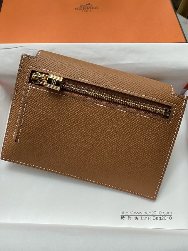 Hermes卡包 愛馬仕原版Kelly Pocket Epsom皮 Hermes新款小錢包 金棕金扣  tdh2167